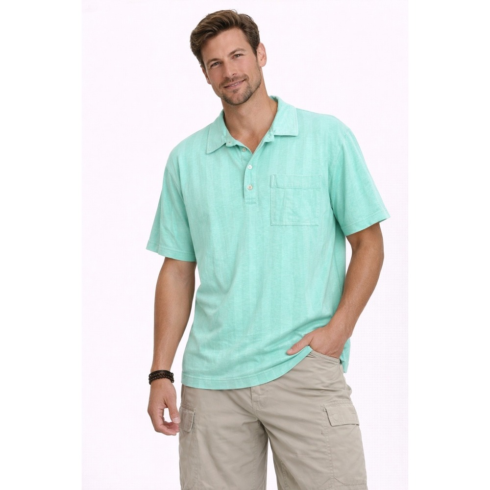 Tropi-Cool Polo Shirt Men Large Seafoam Green Textured Stripe Short Sleeve Retro